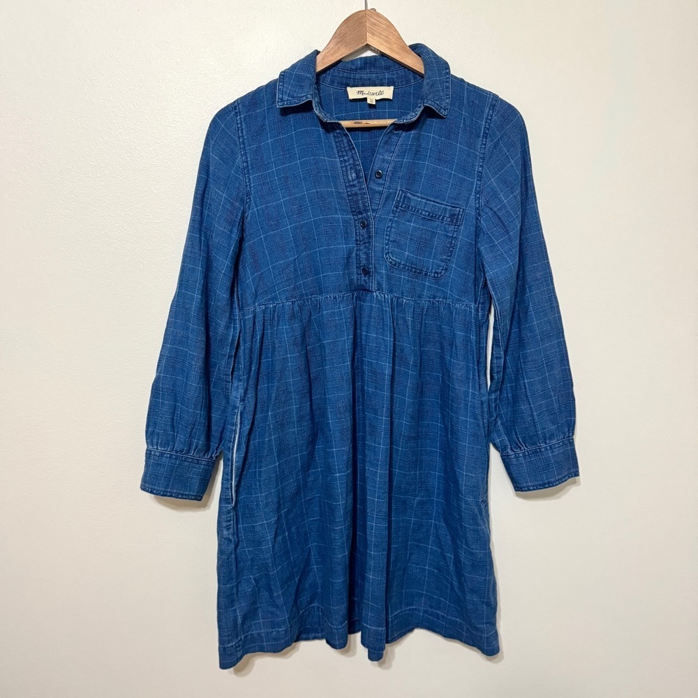 Madewell denim babydoll shirt dress indigo plaid blue size xs